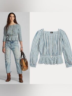Ralph Lauren Double RL Gingham Peplum Blouse